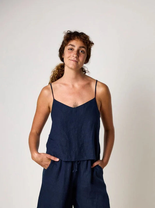 Blusa de lino francesa Bella con cordón ajustable - Azul marino