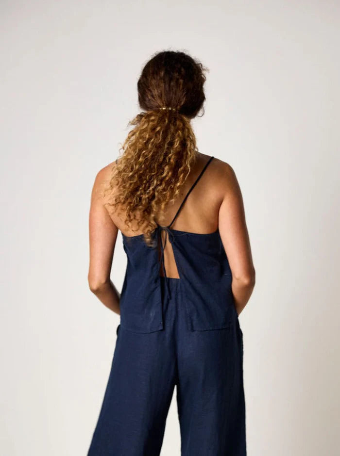 Blusa de lino francesa Bella con cordón ajustable - Azul marino