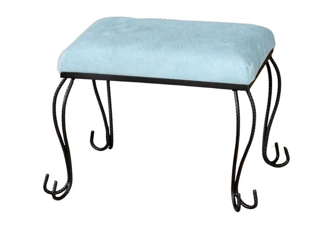 Wrought Iron Ottoman/Stool in Baby Blue Cowhide