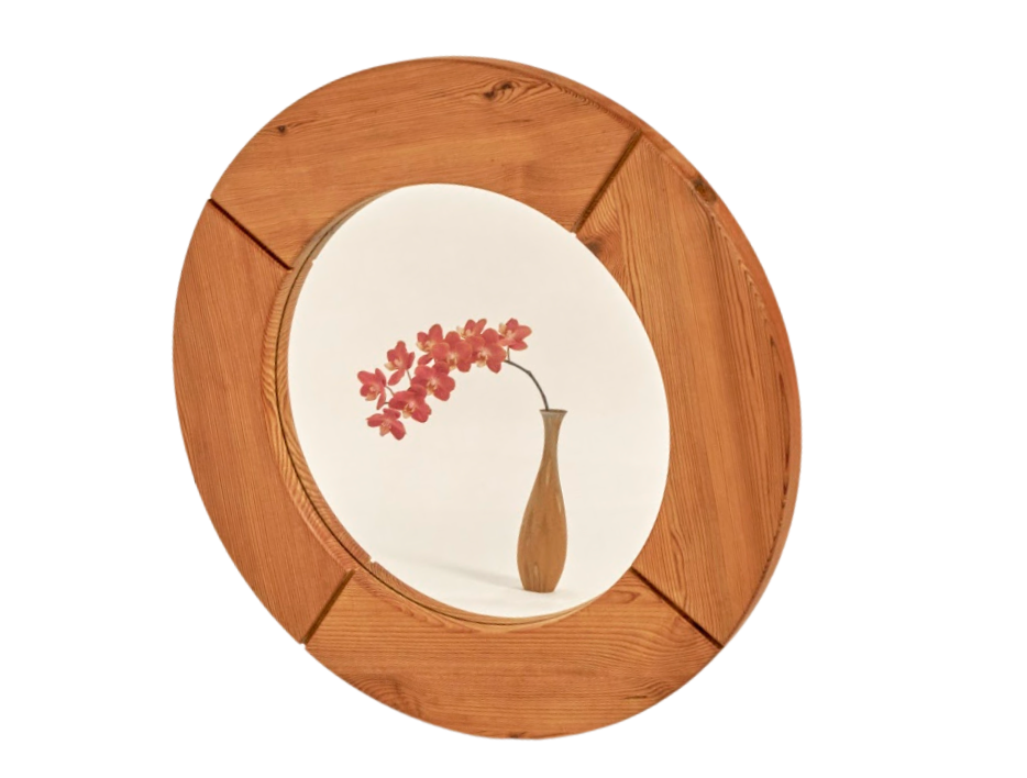 1960's Swedish Pine Round Mirror by Glass Master, Markaryd