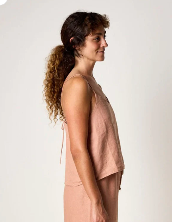 Isabella V French Linen Drawstring Top Rose