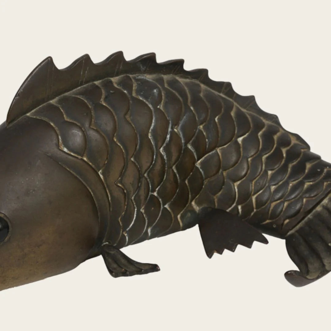 1950's Sculpture Of Solid Bronze Carp With Glass Eyes