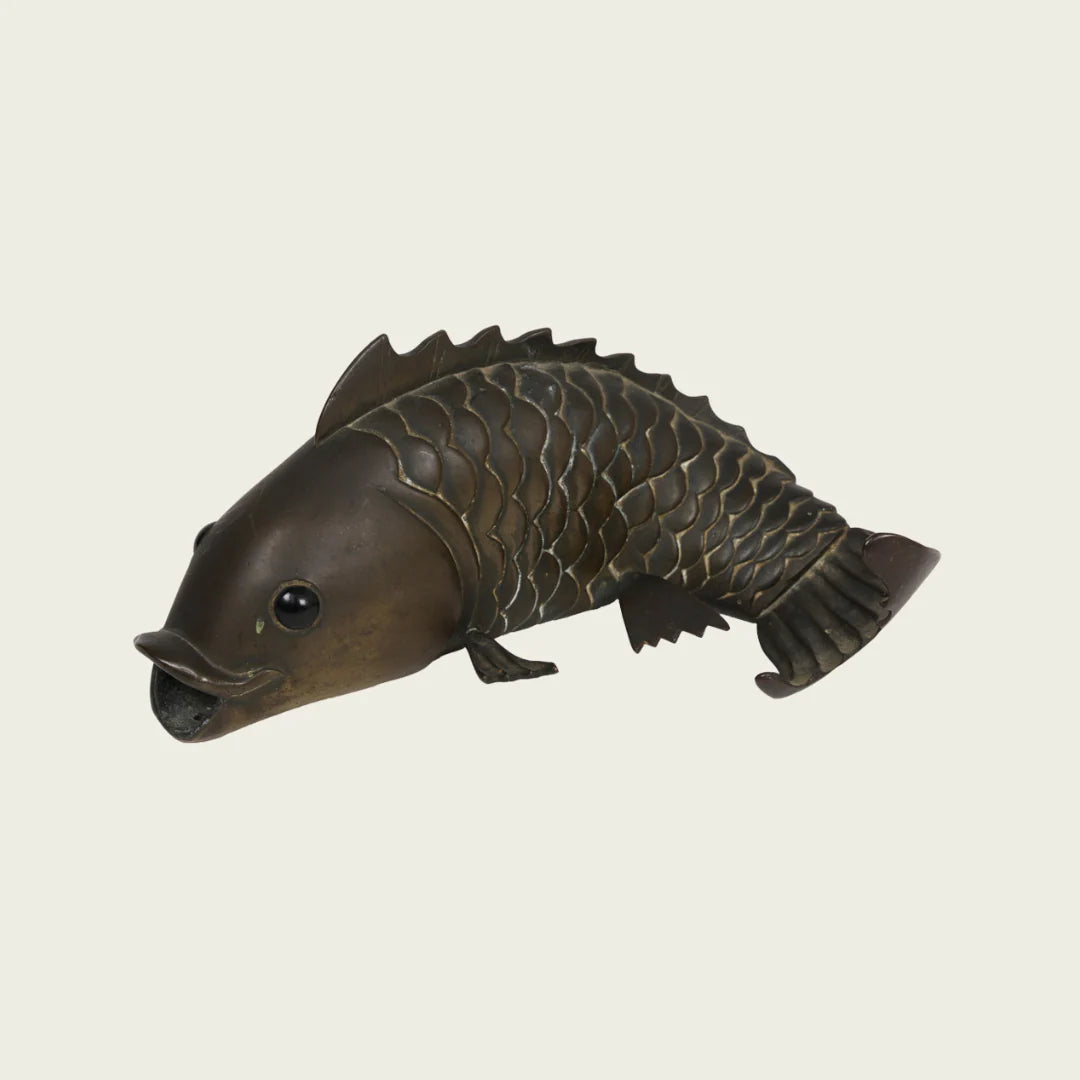 1950's Sculpture Of Solid Bronze Carp With Glass Eyes
