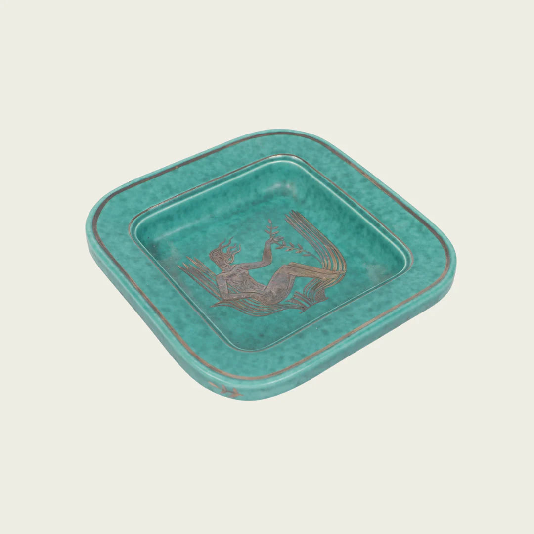 Footed Dish by Wilhelm Kåge with Silver Leaf Mermaid in Center