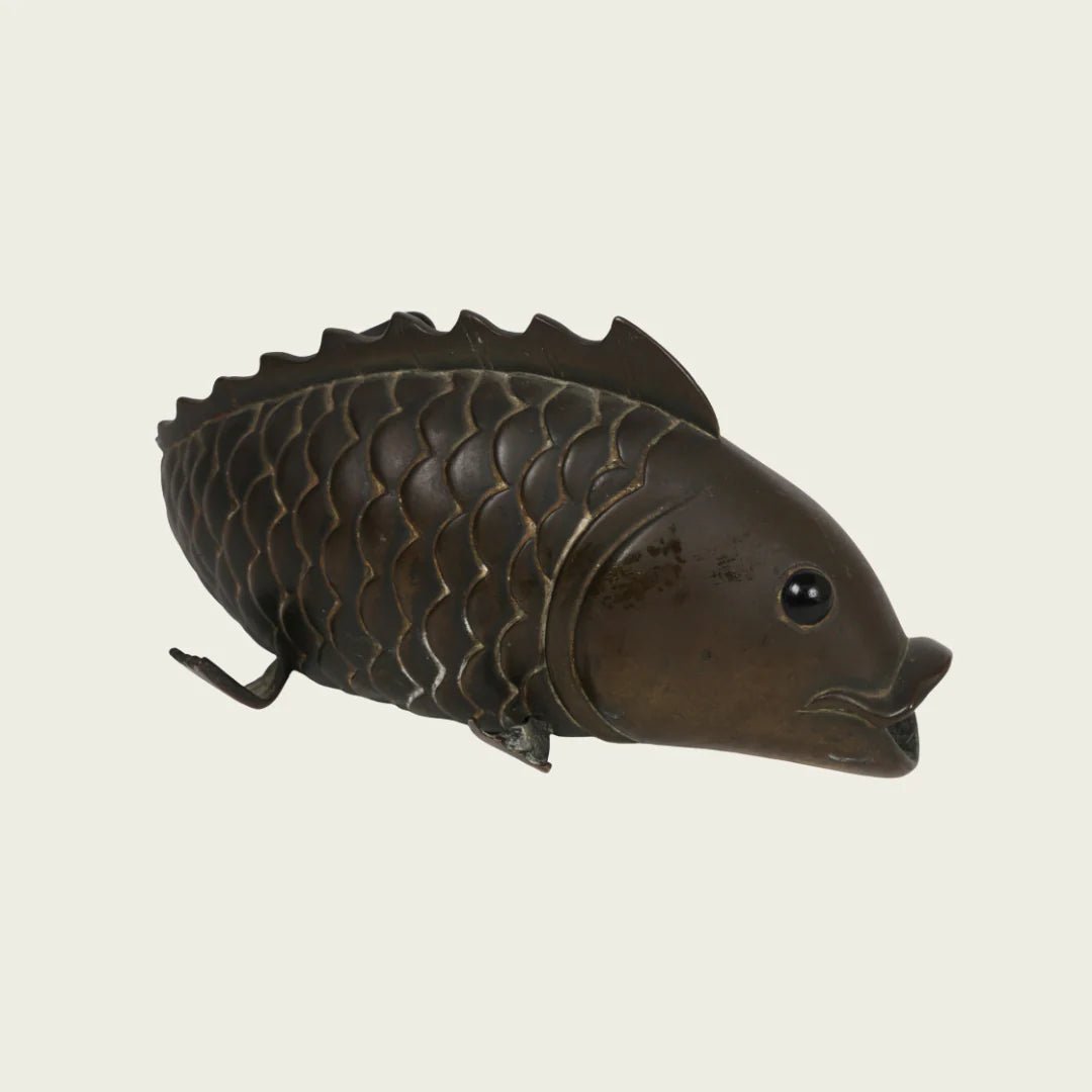 1950's Sculpture Of Solid Bronze Carp With Glass Eyes