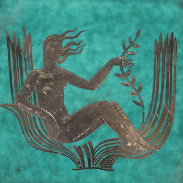 Footed Dish by Wilhelm Kåge with Silver Leaf Mermaid in Center