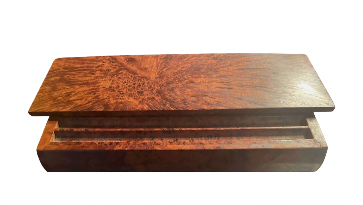 1950's Solid Burlwood Hinged Box with Carved PenHolder