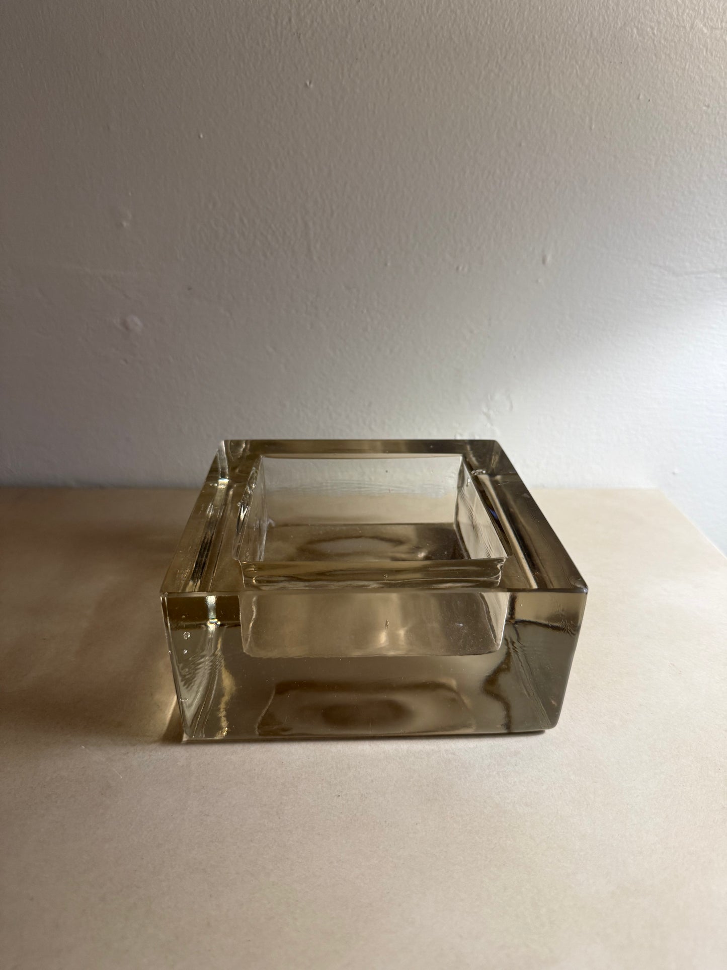 Vintage smoked Cast Glass Heavy Weight Ashtray
