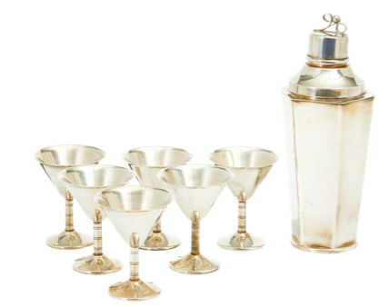 1930's Art Deco Nickel Silver Cocktail Glass & Shaker Set by Folke Arström for Tesi