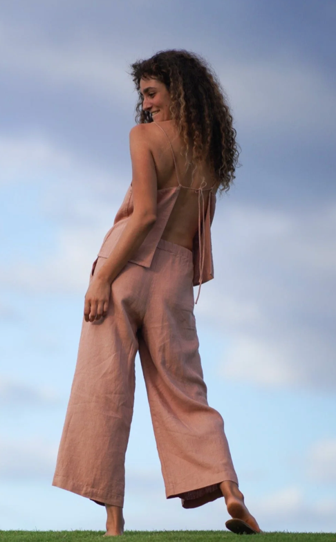 Isabella V French Linen Drawstring Top Rose